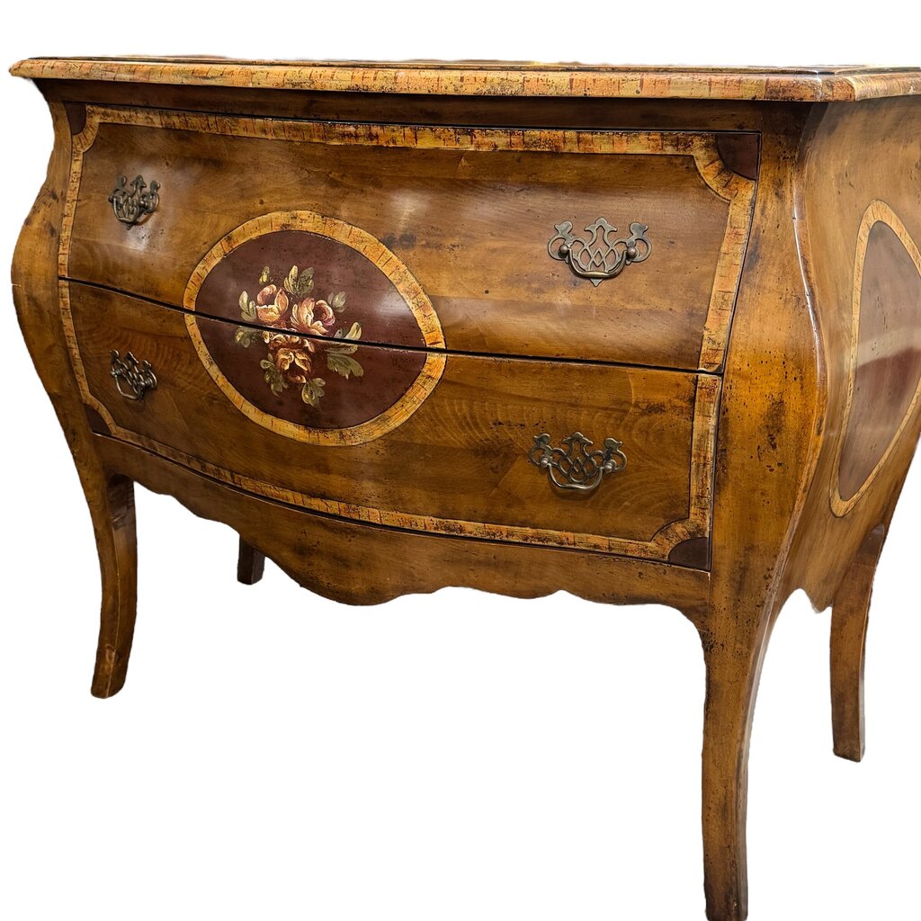 Hekman Hand-Painted Burlwood Bombay Commode In Louis XV Style, Shaped Front, Inlaid Top, Floral Medallion, Cabriole Legs, Brass Pulls, Made in Italy 43L×20W×34H.