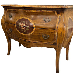 Hekman Hand-Painted Burlwood Bombay Commode In Louis XV Style, Shaped Front, Inlaid Top, Floral Medallion, Cabriole Legs, Brass Pulls, Made in Italy 43L×20W×34H.