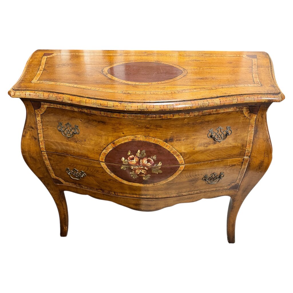 Hekman Hand-Painted Burlwood Bombay Commode In Louis XV Style, Shaped Front, Inlaid Top, Floral Medallion, Cabriole Legs, Brass Pulls, Made in Italy 43L×20W×34H.