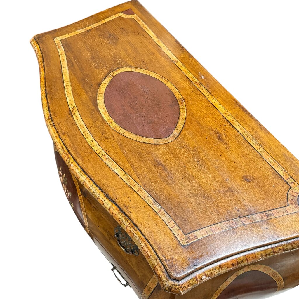 Hekman Hand-Painted Burlwood Bombay Commode In Louis XV Style, Shaped Front, Inlaid Top, Floral Medallion, Cabriole Legs, Brass Pulls, Made in Italy 43L×20W×34H.