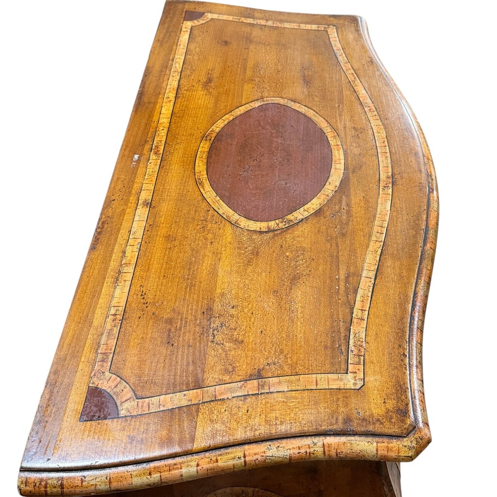 Hekman Hand-Painted Burlwood Bombay Commode In Louis XV Style, Shaped Front, Inlaid Top, Floral Medallion, Cabriole Legs, Brass Pulls, Made in Italy 43L×20W×34H.