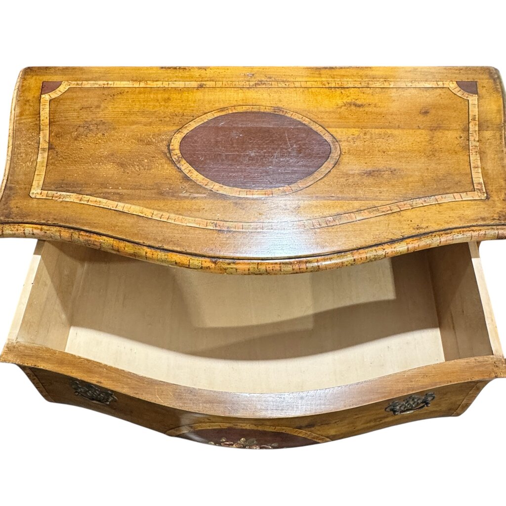 Hekman Hand-Painted Burlwood Bombay Commode In Louis XV Style, Shaped Front, Inlaid Top, Floral Medallion, Cabriole Legs, Brass Pulls, Made in Italy 43L×20W×34H.