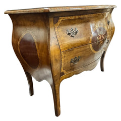 Hekman Hand-Painted Burlwood Bombay Commode In Louis XV Style, Shaped Front, Inlaid Top, Floral Medallion, Cabriole Legs, Brass Pulls, Made in Italy 43L×20W×34H.