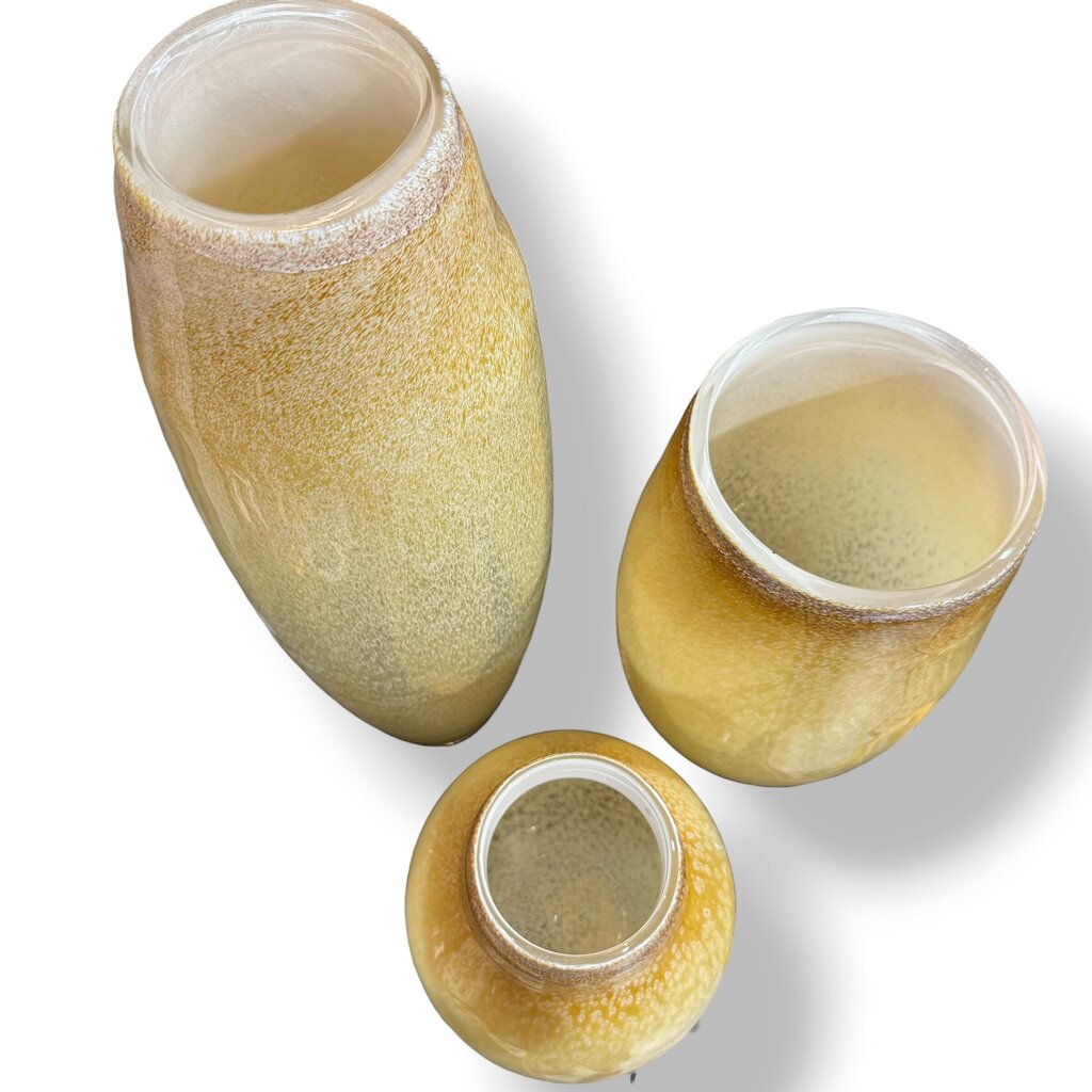 Heavy Hand Blown Polish Art Glass Vases in Amber Honey Tone w/ Textured Bubble. 3 Graduated Sizes. Thick Glass With Substantial Weight.
