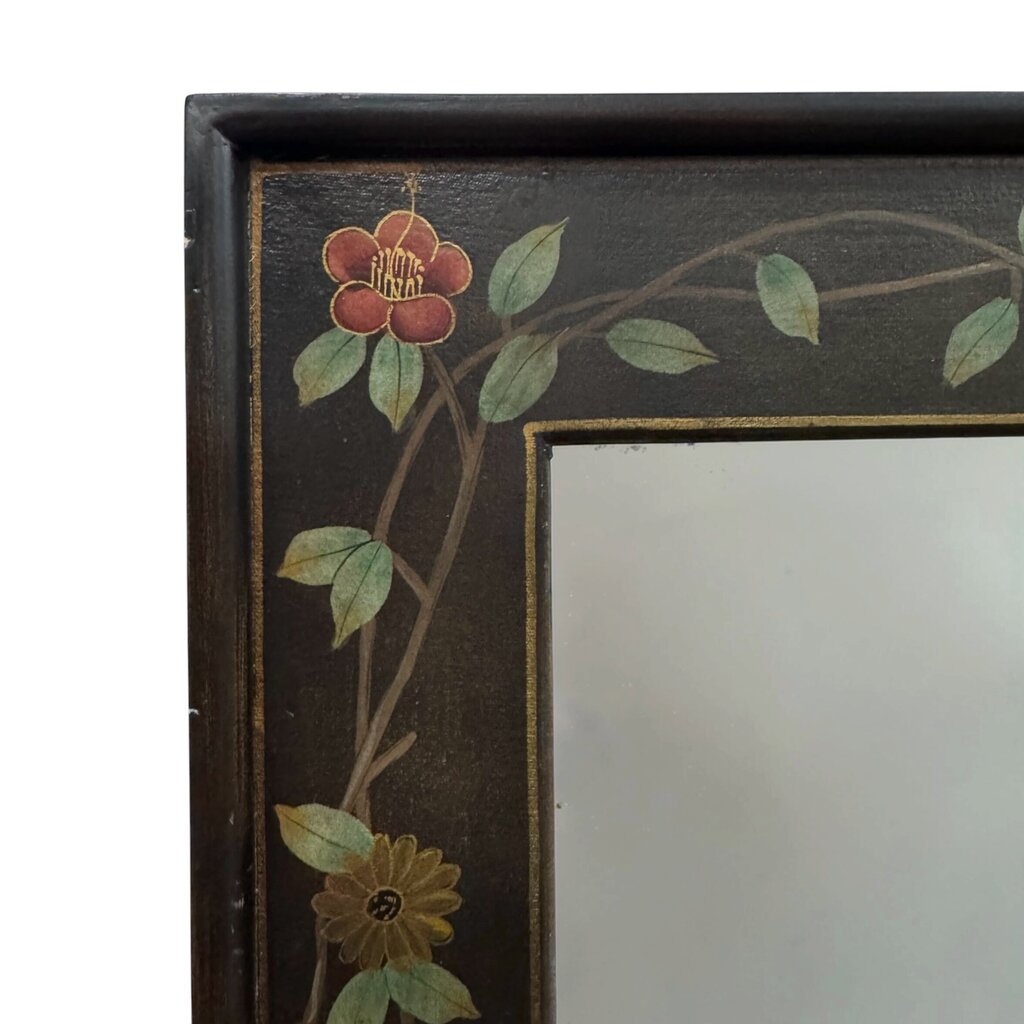 Hand-Painted Black Wood Mirror w/ Floral Vine Motif w/ Red & Gold Flowers and Green Leaves 48Lx32H