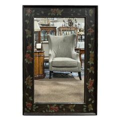 Hand-Painted Black Wood Mirror w/ Floral Vine Motif w/ Red & Gold Flowers and Green Leaves 48Lx32H