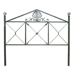 Green Metal Queen Headboard, Decorative Scrollwork w/ Center Medallion and Finials. Hollow Metal Construction, Painted Finish.