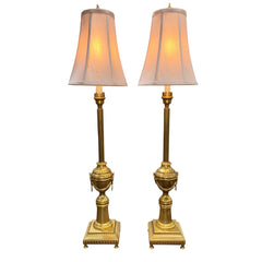 Pair of Frederick Cooper Brass Table Lamps w/ Fluted Column Stems, Urn Form Bodies, and Ring Handles. Classic Neoclassical Design w/ Stepped Square Bases. Heavy Solid Construction. Chicago 6Lx6Wx39H