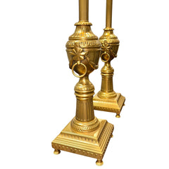 Pair of Frederick Cooper Brass Table Lamps w/ Fluted Column Stems, Urn Form Bodies, and Ring Handles. Classic Neoclassical Design w/ Stepped Square Bases. Heavy Solid Construction. Chicago 6Lx6Wx39H