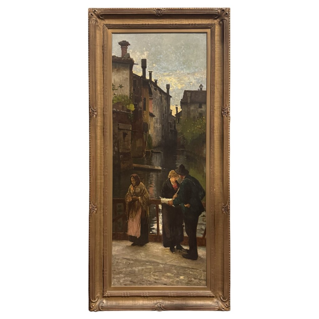 After Angelo Dall'Oca Bianca “A Street Trader” (Ave Maria) Oil on Canvas, 1891 Italian Canal Scene w/ Figures on Bridge, Period Gilt Frame, Painting Shows Age Wear w/ Surface Damage, Frame Has Cracking