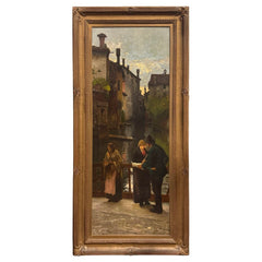 After Angelo Dall'Oca Bianca “A Street Trader” (Ave Maria) Oil on Canvas, 1891 Italian Canal Scene w/ Figures on Bridge, Period Gilt Frame, Painting Shows Age Wear w/ Surface Damage, Frame Has Cracking