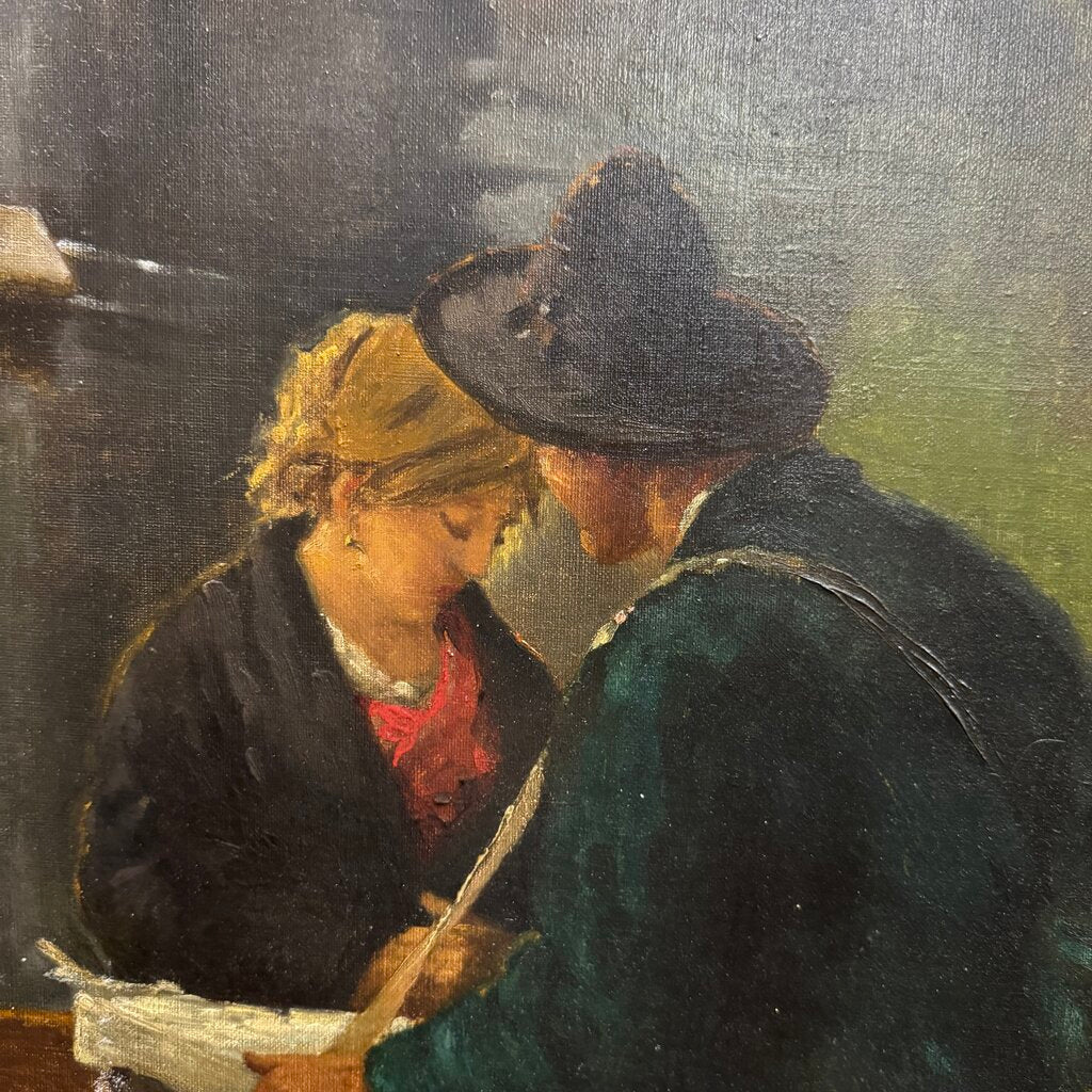After Angelo Dall'Oca Bianca “A Street Trader” (Ave Maria) Oil on Canvas, 1891 Italian Canal Scene w/ Figures on Bridge, Period Gilt Frame, Painting Shows Age Wear w/ Surface Damage, Frame Has Cracking