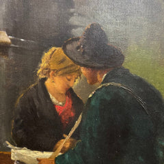 After Angelo Dall'Oca Bianca “A Street Trader” (Ave Maria) Oil on Canvas, 1891 Italian Canal Scene w/ Figures on Bridge, Period Gilt Frame, Painting Shows Age Wear w/ Surface Damage, Frame Has Cracking