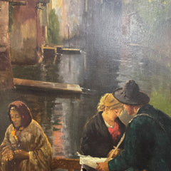 After Angelo Dall'Oca Bianca “A Street Trader” (Ave Maria) Oil on Canvas, 1891 Italian Canal Scene w/ Figures on Bridge, Period Gilt Frame, Painting Shows Age Wear w/ Surface Damage, Frame Has Cracking