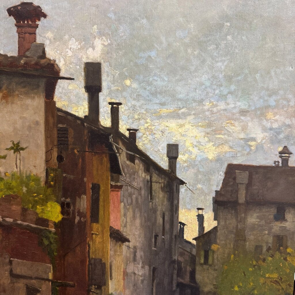 After Angelo Dall'Oca Bianca “A Street Trader” (Ave Maria) Oil on Canvas, 1891 Italian Canal Scene w/ Figures on Bridge, Period Gilt Frame, Painting Shows Age Wear w/ Surface Damage, Frame Has Cracking