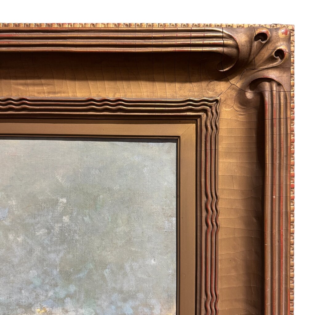 After Angelo Dall'Oca Bianca “A Street Trader” (Ave Maria) Oil on Canvas, 1891 Italian Canal Scene w/ Figures on Bridge, Period Gilt Frame, Painting Shows Age Wear w/ Surface Damage, Frame Has Cracking