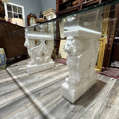 Large Cast Concrete Table Base Set w/ 48Lx84W 3/8" Beveled Glass Top Statement Dining or Conference Table Featuring Hand-Cast Concrete Bases w/ Sculpted Griffin & Lion Motifs. Thick Rectangular Glass Top Rests Securely Above, Creating a Bold Old-World...