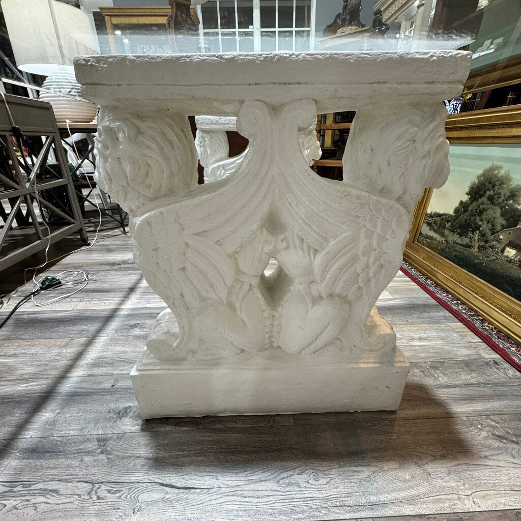 Large Cast Concrete Table Base Set w/ 48Lx84W 3/8" Beveled Glass Top Statement Dining or Conference Table Featuring Hand-Cast Concrete Bases w/ Sculpted Griffin & Lion Motifs. Thick Rectangular Glass Top Rests Securely Above, Creating a Bold Old-World...