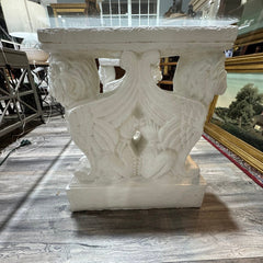 Large Cast Concrete Table Base Set w/ 48Lx84W 3/8" Beveled Glass Top Statement Dining or Conference Table Featuring Hand-Cast Concrete Bases w/ Sculpted Griffin & Lion Motifs. Thick Rectangular Glass Top Rests Securely Above, Creating a Bold Old-World...