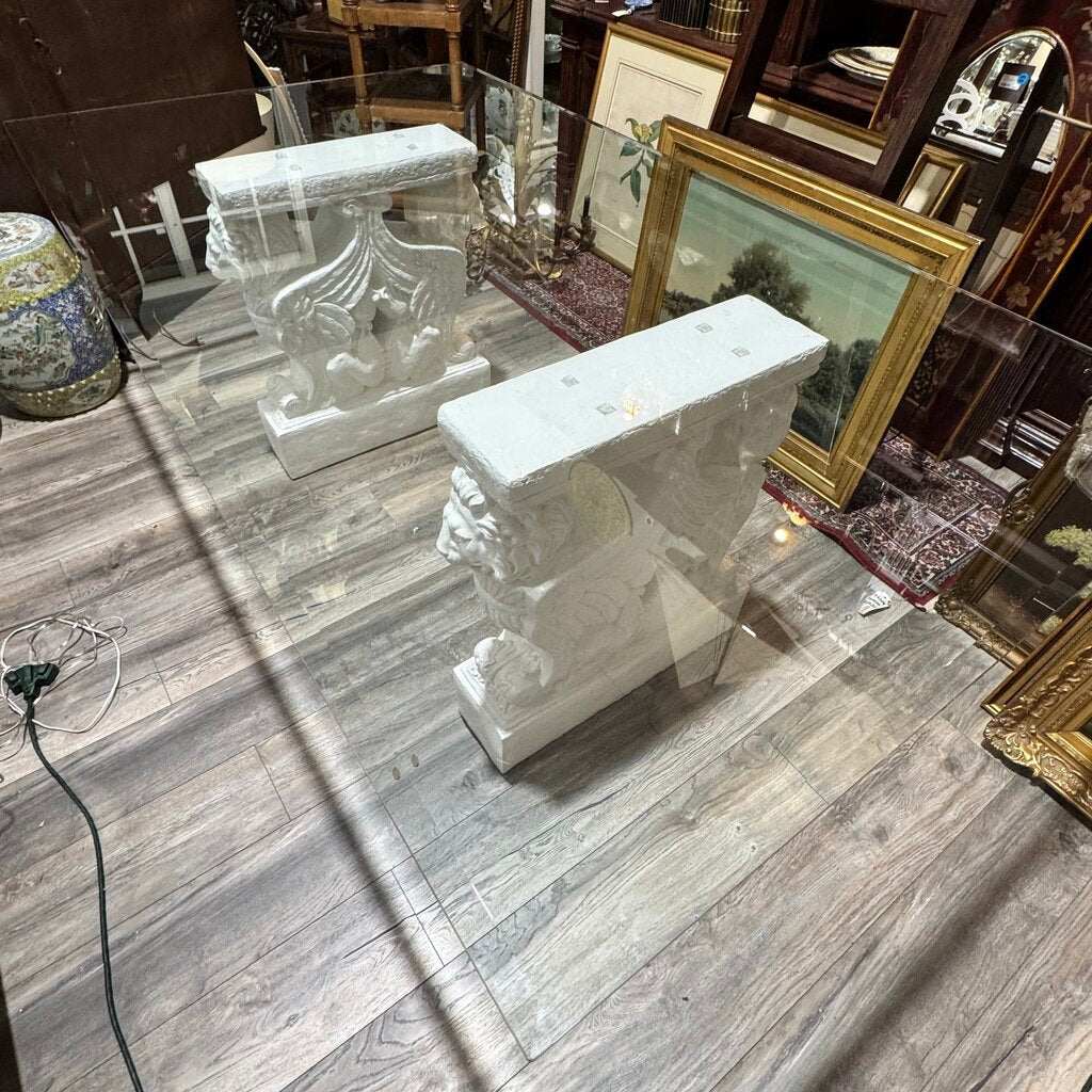 Large Cast Concrete Table Base Set w/ 48Lx84W 3/8" Beveled Glass Top Statement Dining or Conference Table Featuring Hand-Cast Concrete Bases w/ Sculpted Griffin & Lion Motifs. Thick Rectangular Glass Top Rests Securely Above, Creating a Bold Old-World...