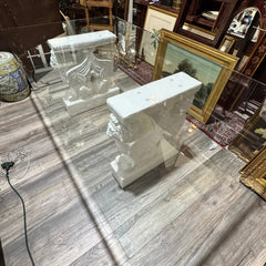 Large Cast Concrete Table Base Set w/ 48Lx84W 3/8" Beveled Glass Top Statement Dining or Conference Table Featuring Hand-Cast Concrete Bases w/ Sculpted Griffin & Lion Motifs. Thick Rectangular Glass Top Rests Securely Above, Creating a Bold Old-World...