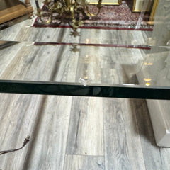 Large Cast Concrete Table Base Set w/ 48Lx84W 3/8" Beveled Glass Top Statement Dining or Conference Table Featuring Hand-Cast Concrete Bases w/ Sculpted Griffin & Lion Motifs. Thick Rectangular Glass Top Rests Securely Above, Creating a Bold Old-World...
