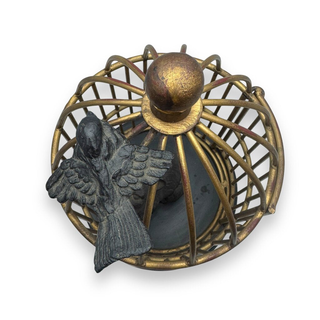 Decorative Metal Birdcage Sculpture w/ Perched Birds on Black Base