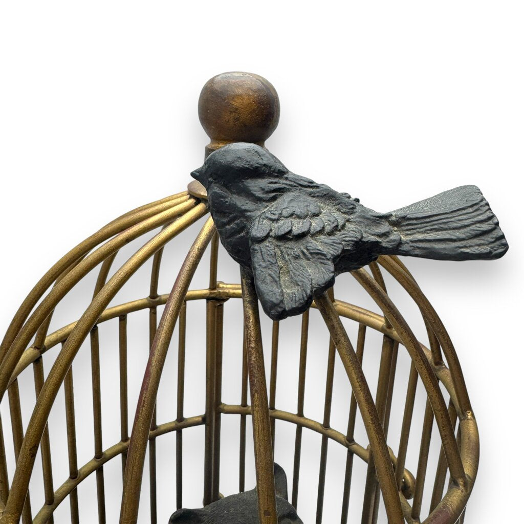 Decorative Metal Birdcage Sculpture w/ Perched Birds on Black Base