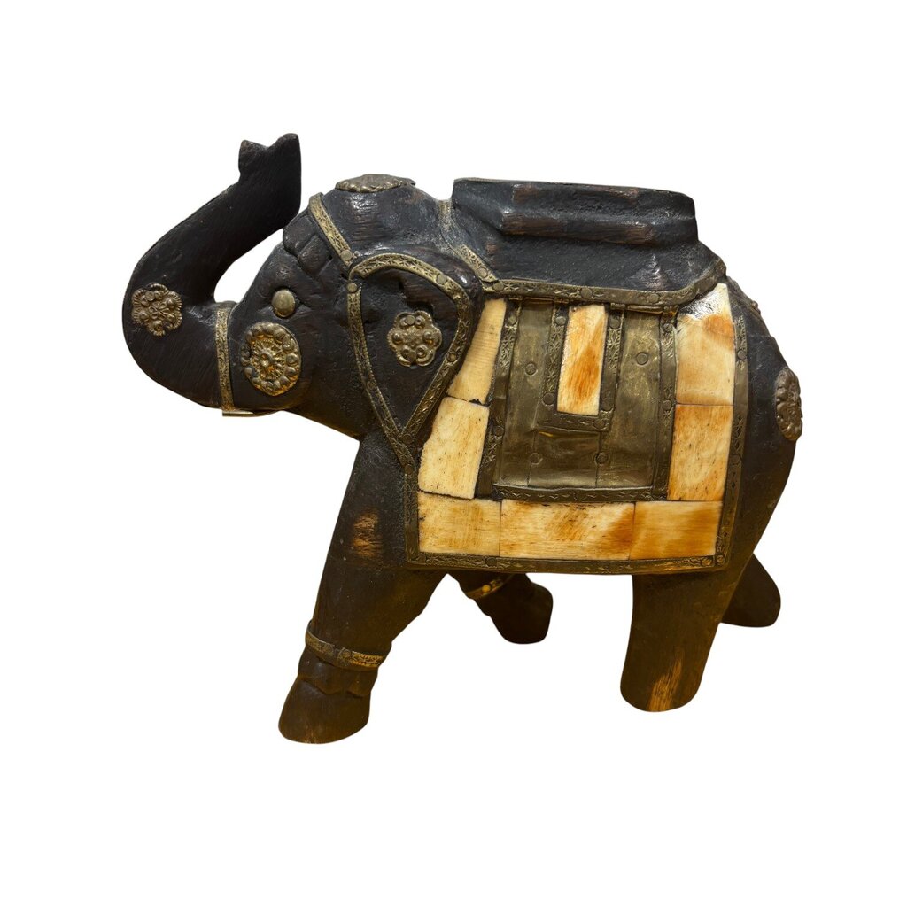 Hand-Carved Elephant Figurine w/ Bone Inlay Saddle 8Lx4Wx7H