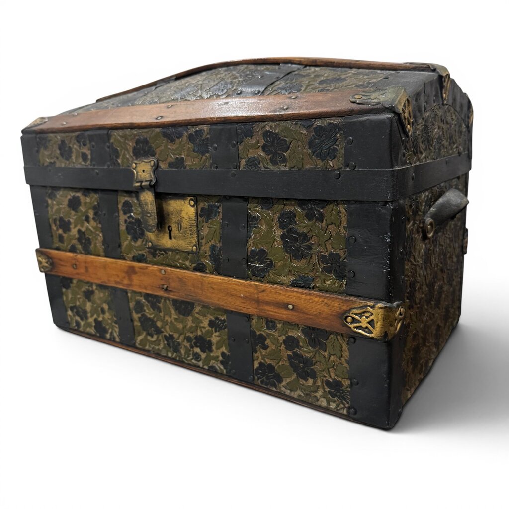 Antique Embossed Leather Dome-Top Sewing Box / Work Box 20Lx12Wx13H