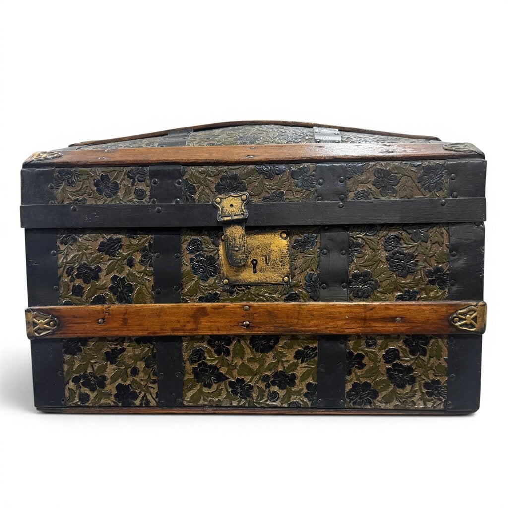 Antique Embossed Leather Dome-Top Sewing Box / Work Box 20Lx12Wx13H