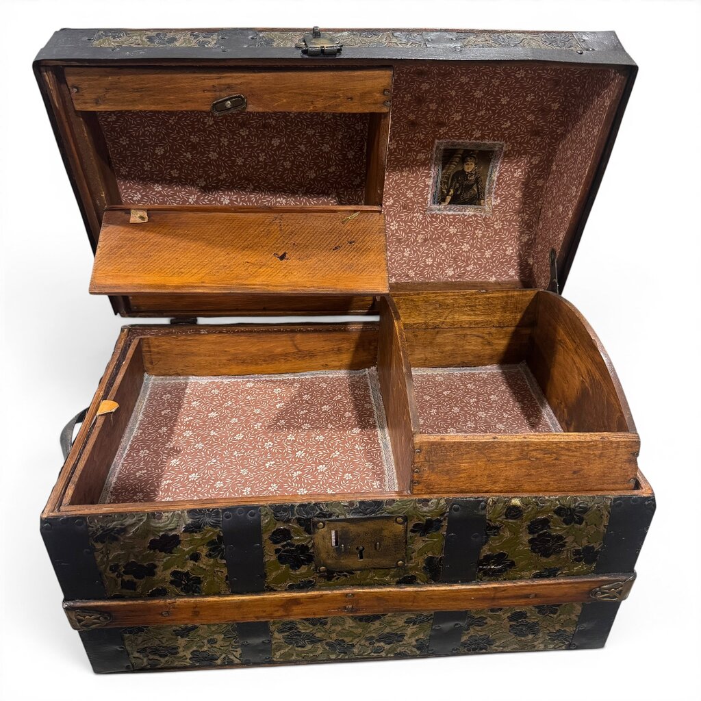 Antique Embossed Leather Dome-Top Sewing Box / Work Box 20Lx12Wx13H