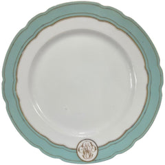 Levy Freres French Embroidered Porcelain Dinner Plates White, Teal & Gold Set of 8 9.5Lx9.5Wx1H