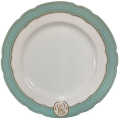 Levy Freres French Embroidered Porcelain Dinner Plates White, Teal & Gold Set of 8 9.5Lx9.5Wx1H