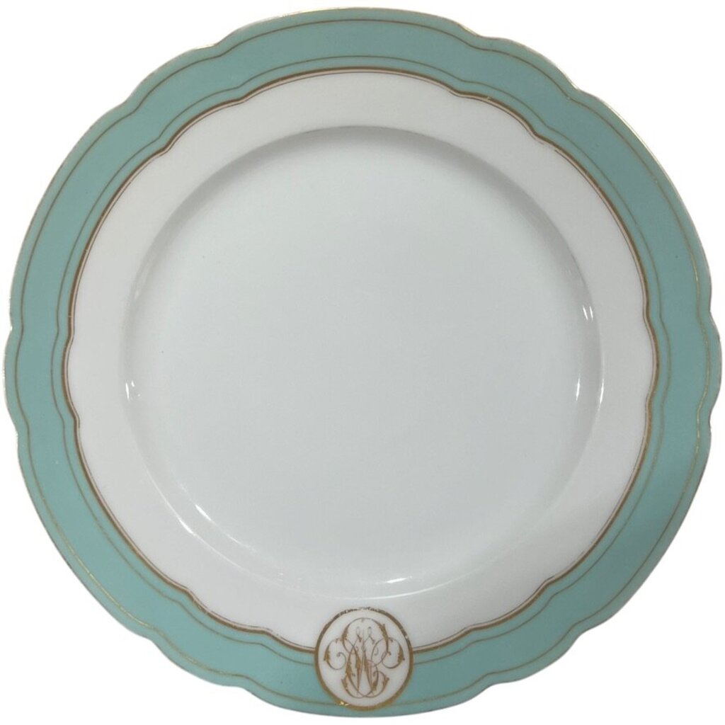 Levy Freres French Embroidered Porcelain Dinner Plates White, Teal & Gold Set of 8 9.5Lx9.5Wx1H