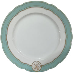Levy Freres French Embroidered Porcelain Dinner Plates White, Teal & Gold Set of 8 9.5Lx9.5Wx1H