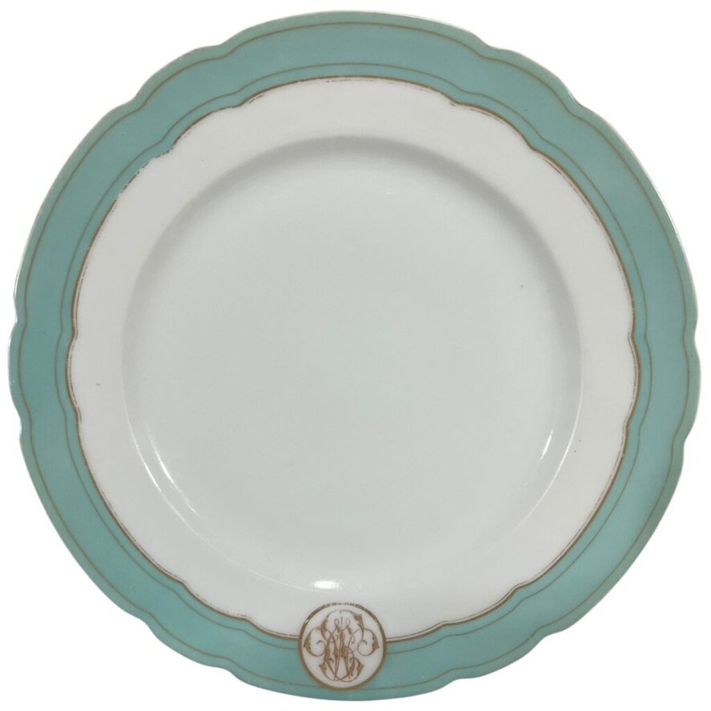 Levy Freres French Embroidered Porcelain Dinner Plates White, Teal & Gold Set of 8 9.5Lx9.5Wx1H
