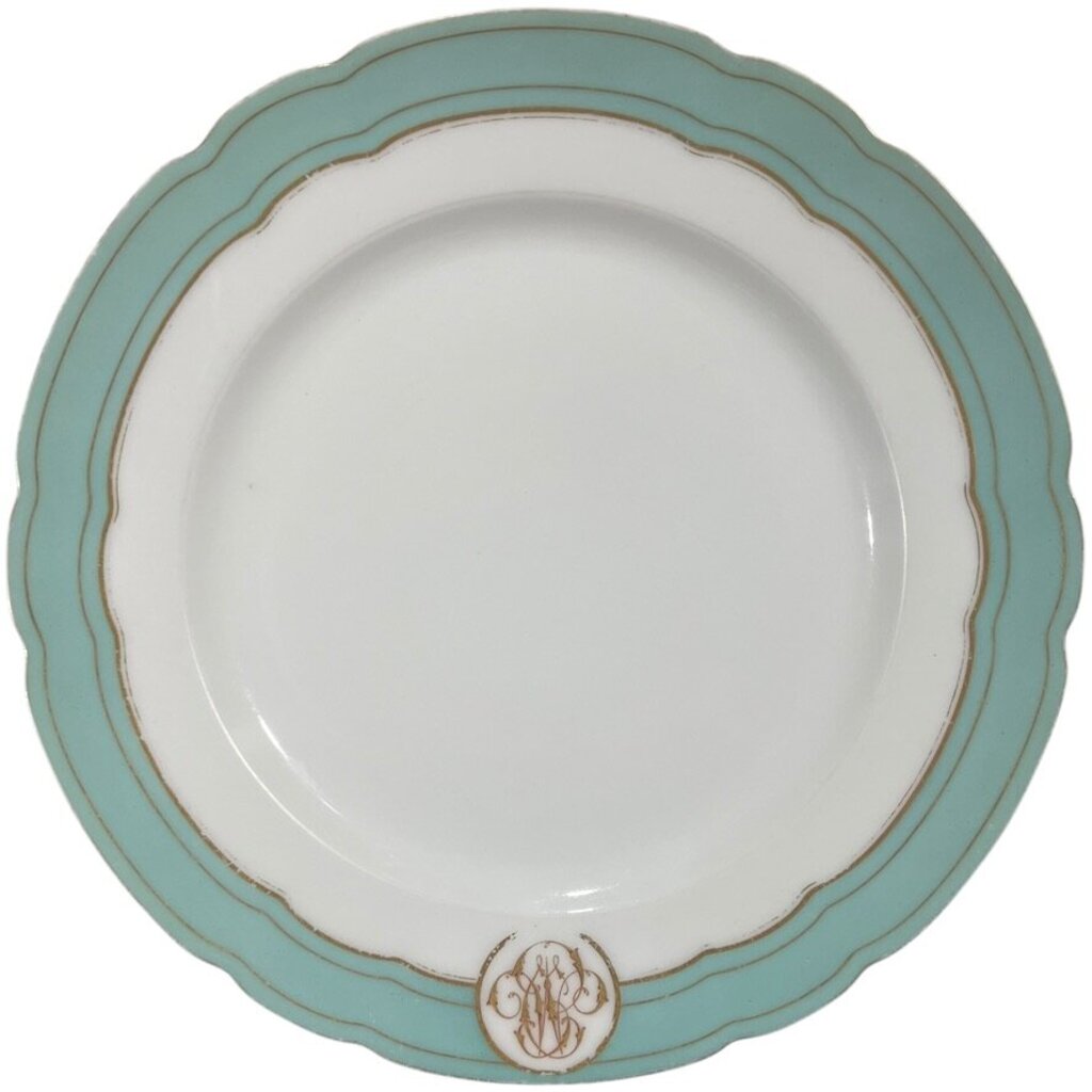 Levy Freres French Embroidered Porcelain Dinner Plates White, Teal & Gold Set of 8 9.5Lx9.5Wx1H