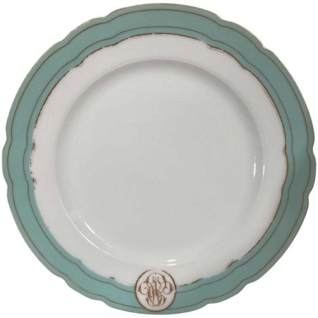 Levy Freres French Embroidered Porcelain Dinner Plates White, Teal & Gold Set of 8 9.5Lx9.5Wx1H