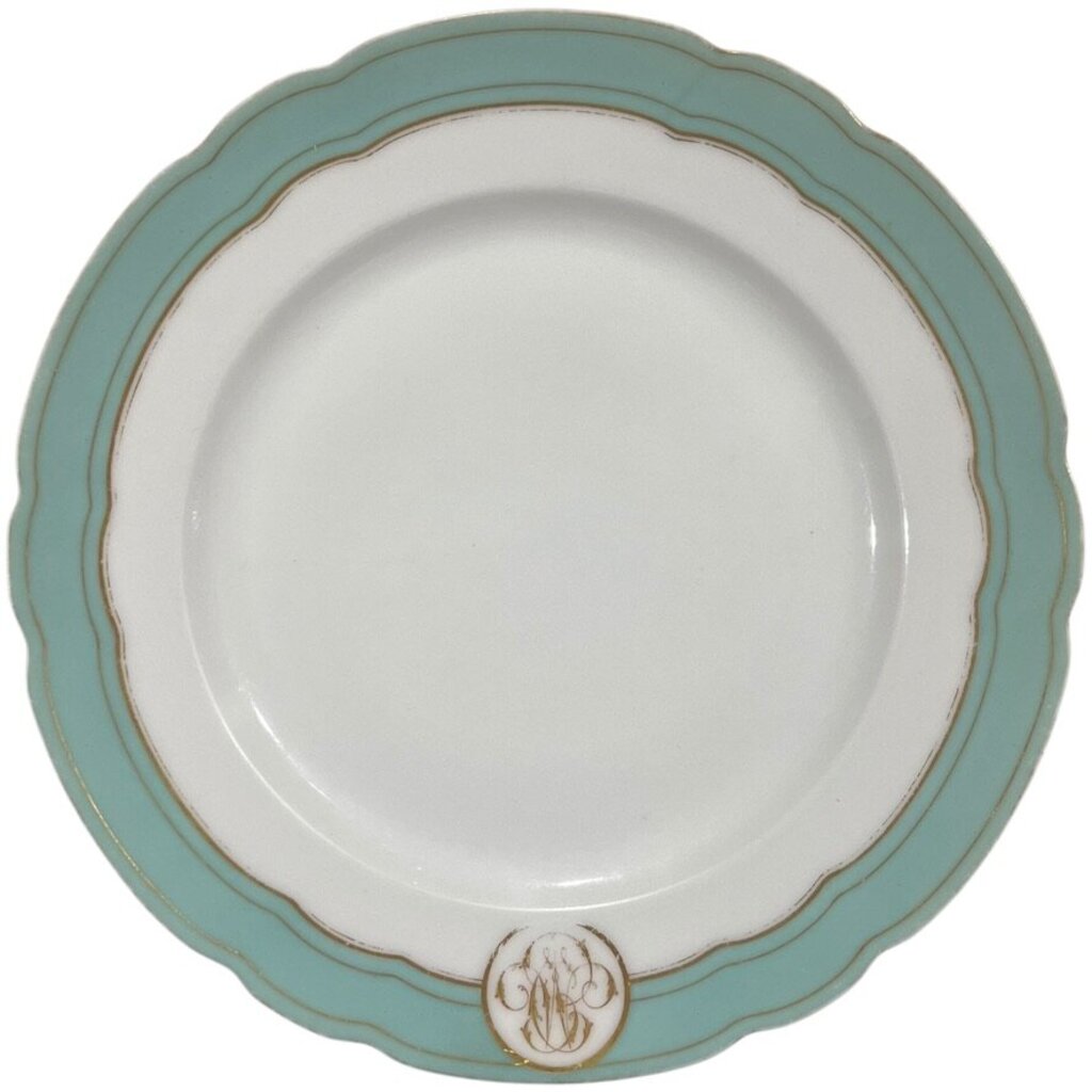 Levy Freres French Embroidered Porcelain Dinner Plates White, Teal & Gold Set of 8 9.5Lx9.5Wx1H