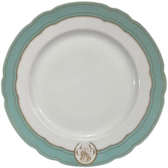 Levy Freres French Embroidered Porcelain Dinner Plates White, Teal & Gold Set of 8 9.5Lx9.5Wx1H