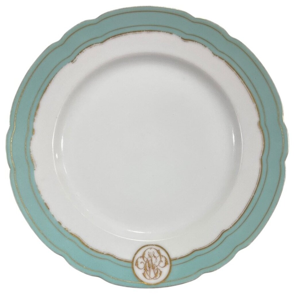 Levy Freres French Embroidered Porcelain Dinner Plates White, Teal & Gold Set of 8 9.5Lx9.5Wx1H