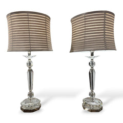 Pair of Frederick Cooper Crystal Lamps w/ Original Taupe Silk Banded Shades on Polished Chrome Base 14Lx14Wx29H