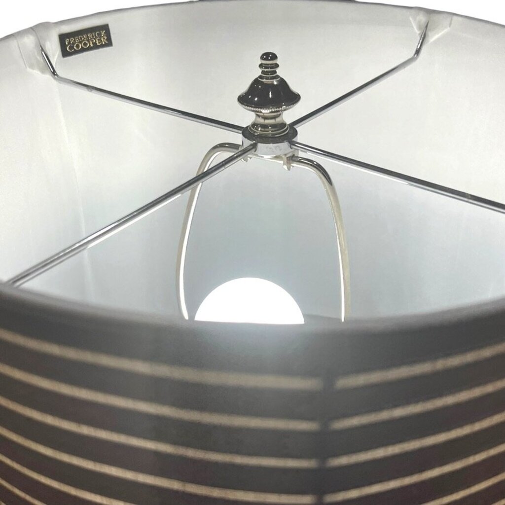 Pair of Frederick Cooper Crystal Lamps w/ Original Taupe Silk Banded Shades on Polished Chrome Base 14Lx14Wx29H