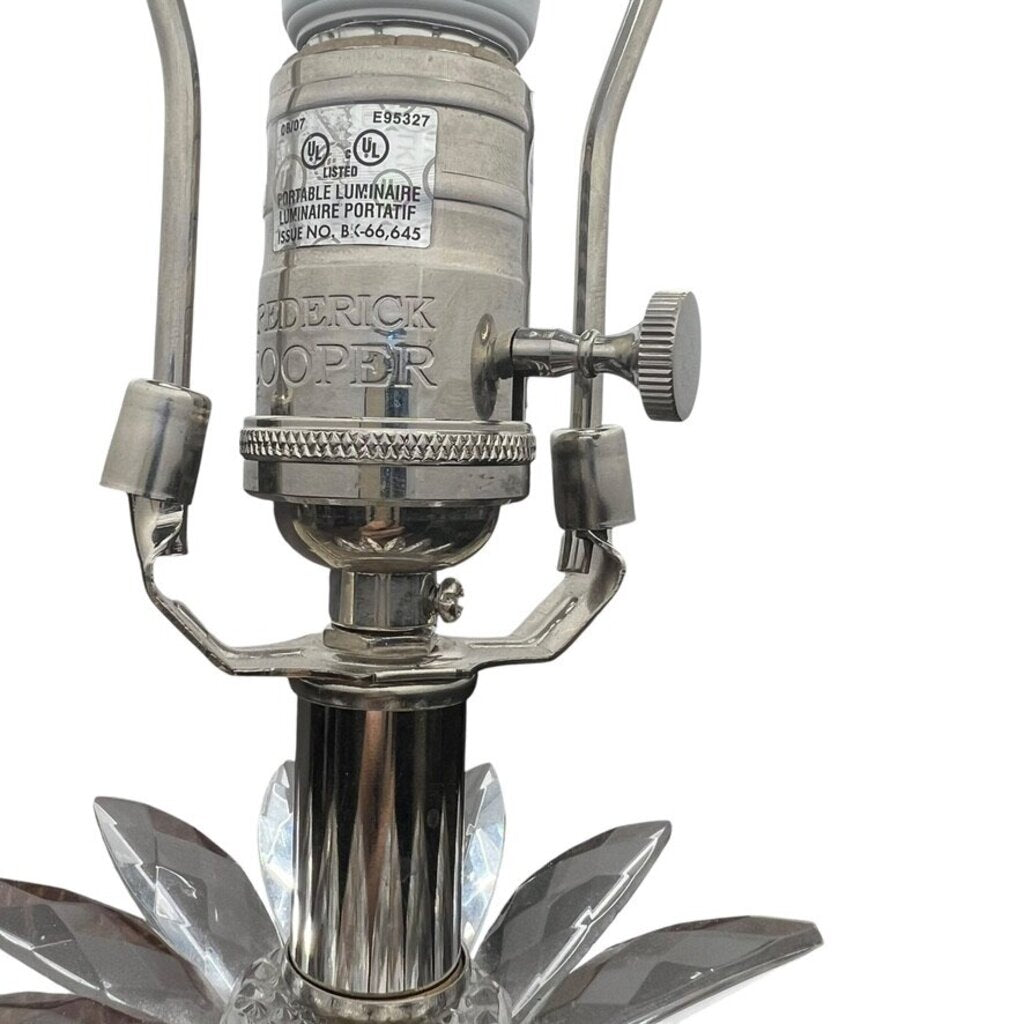 Pair of Frederick Cooper Crystal Lamps w/ Original Taupe Silk Banded Shades on Polished Chrome Base 14Lx14Wx29H