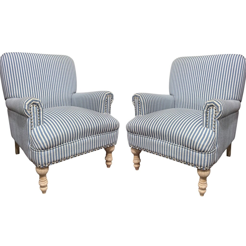 Pair of Blue-and-White Stripe Accent Chairs w/ Whitewash Wooden Legs 29Lx30Wx36H