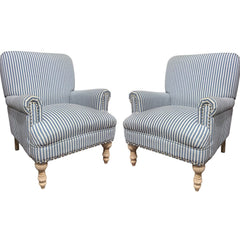 Pair of Blue-and-White Stripe Accent Chairs w/ Whitewash Wooden Legs 29Lx30Wx36H