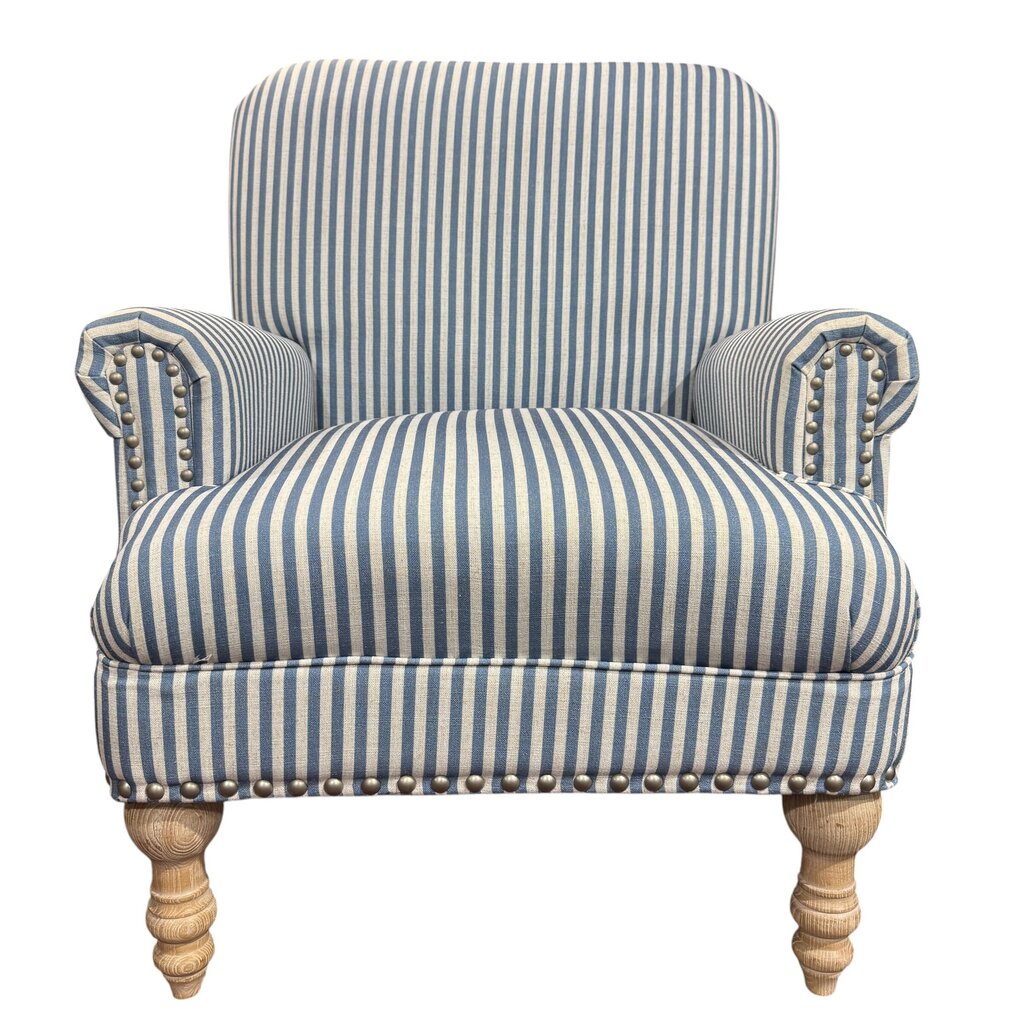 Pair of Blue-and-White Stripe Accent Chairs w/ Whitewash Wooden Legs 29Lx30Wx36H