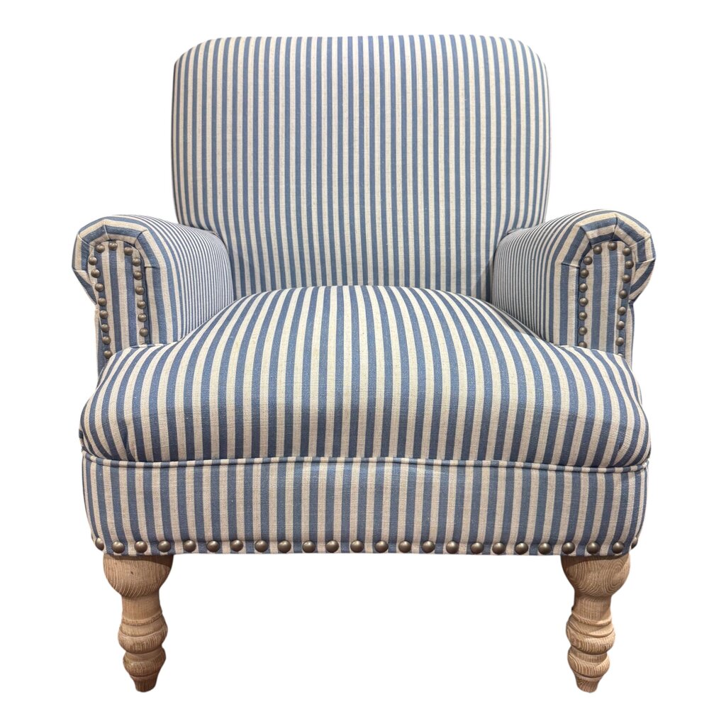 Pair of Blue-and-White Stripe Accent Chairs w/ Whitewash Wooden Legs 29Lx30Wx36H