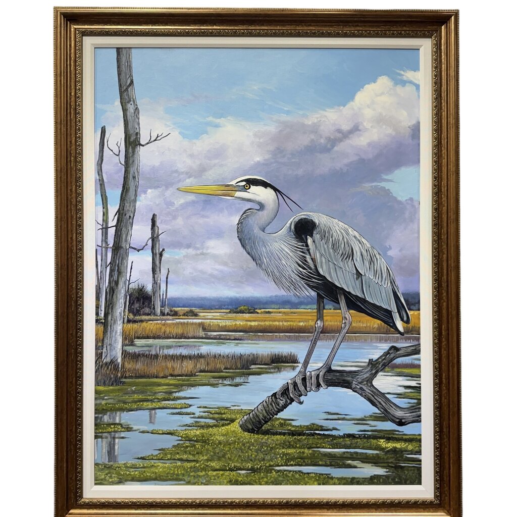 Joe Suroviec Great Blue Heron Original Oil on Canvas, Framed, 44Lx56H